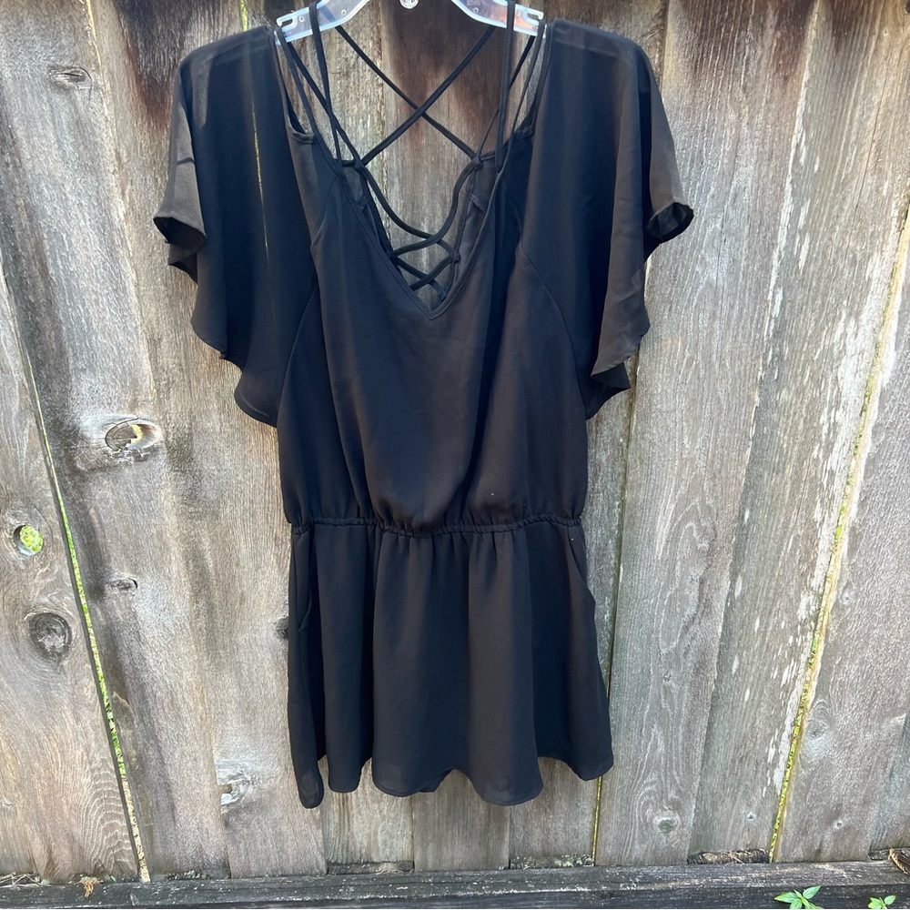 Let Her Be Black Flowing Mini Dress Size L 2 side Pockets Preowned Lined
